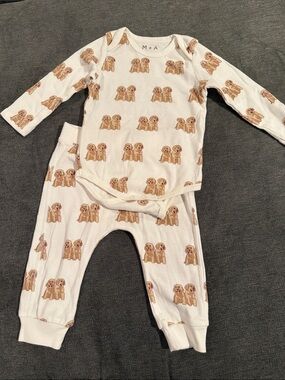 M+A Cream Puppy Print Kids Matching Set - Long Sleeve Bodysuit & Pants 🐶🐾